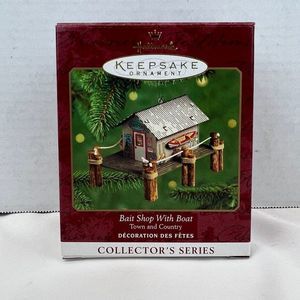 Hallmark Keepsake Ornament Bait Shop with Boat Pressed Tin Litho 2000 Christmas